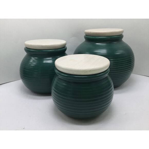 Forest Green Ceramic Kitchen Canister Set with lids lot of 3
